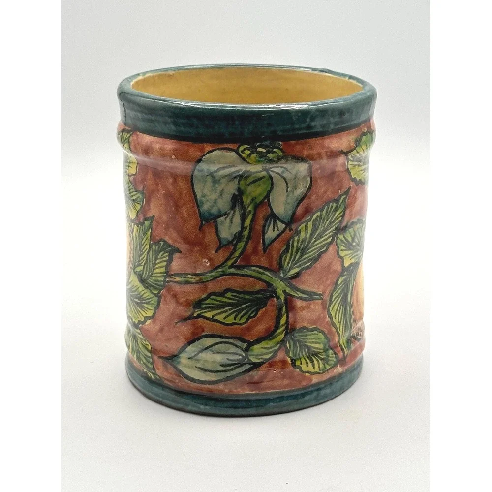 Mexican Ceramic Canister Hand Painted Fruit Leaf Pottery Jar 6in Vintage